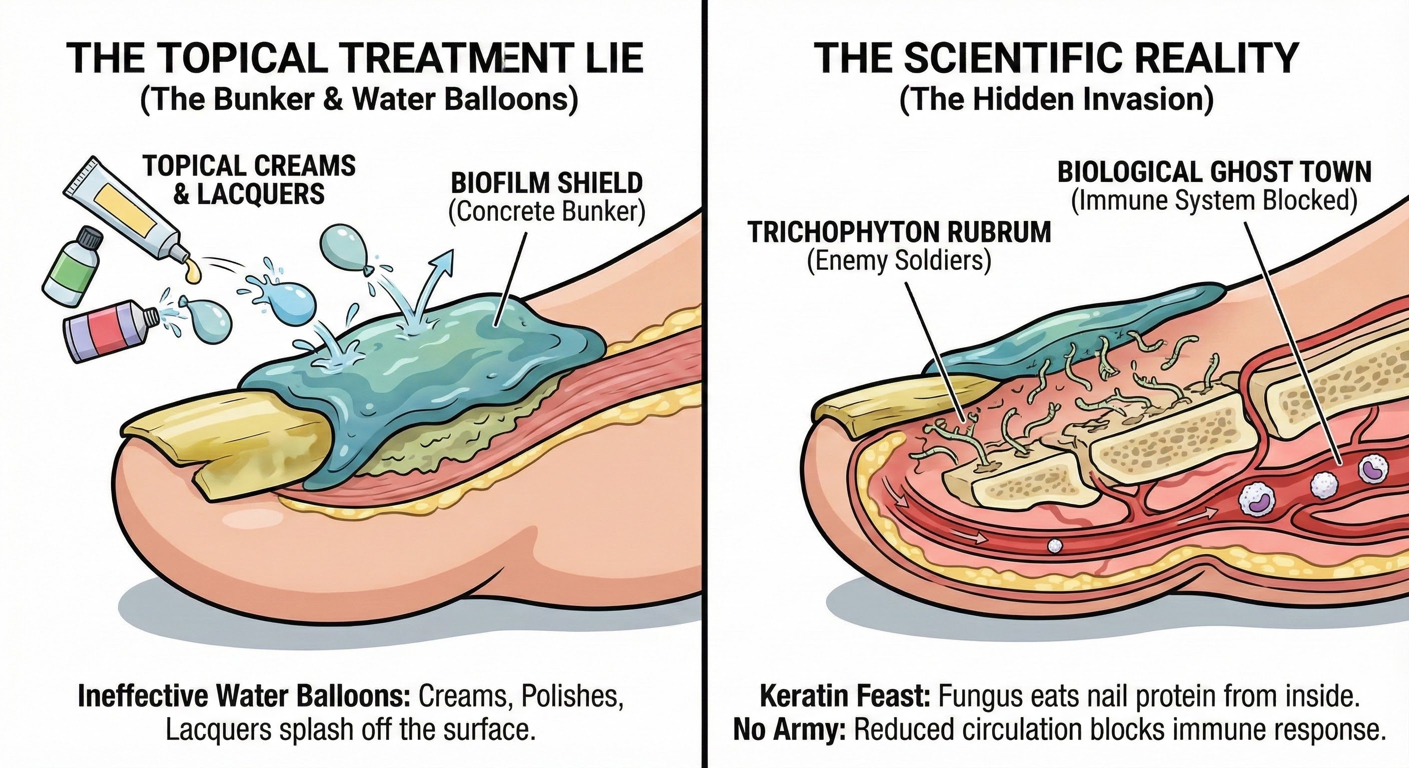 Illustration comparing a topical nail treatment with the nail bed